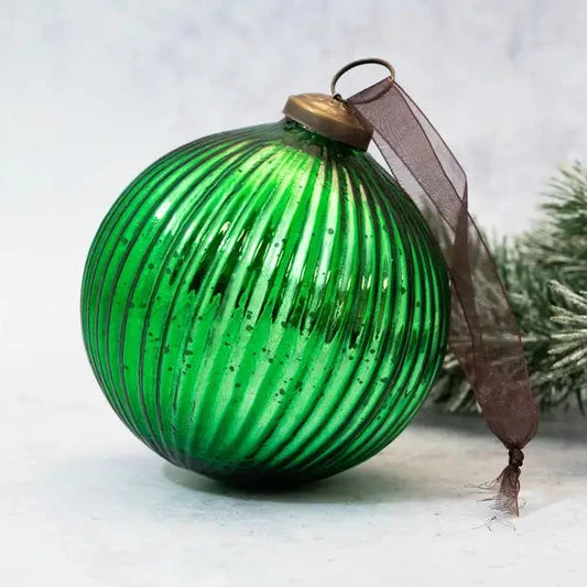 Holly Green Ribbed Bauble 4"